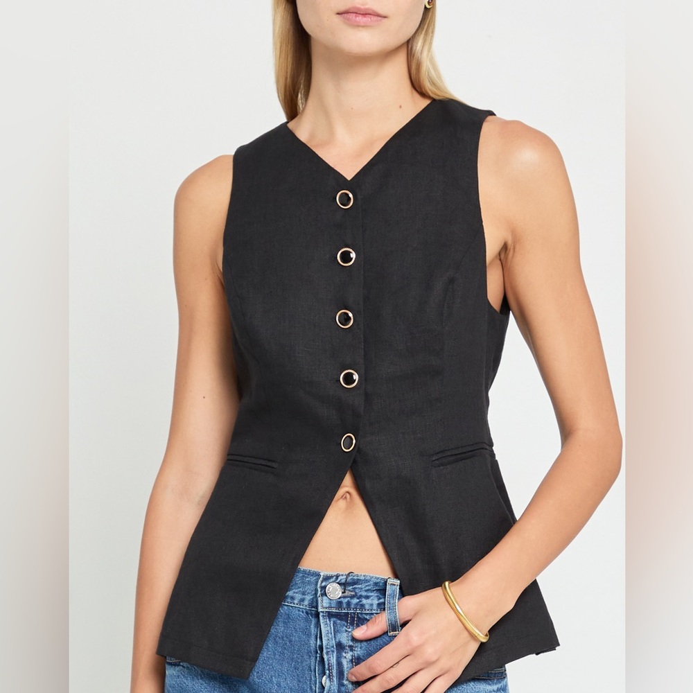 Reformation Black Aspen Lightweight Linen Vest Sleeveless Blazer w Gold Buttons